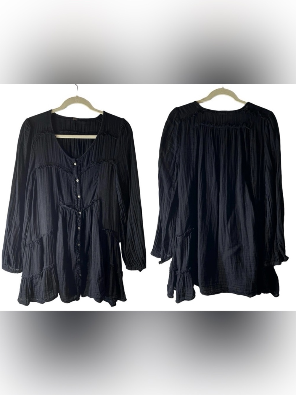 FREE PEOPLE Black Button Tunic Baby Doll Mini Dress Black Double Gauze Oversized